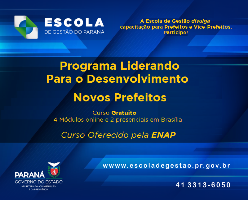 Ofertado pela Escola Nacional de Administração Pública (Enap), o presente curso está focado nos Novos Prefeitos, eleitos no pleito de 2020. 