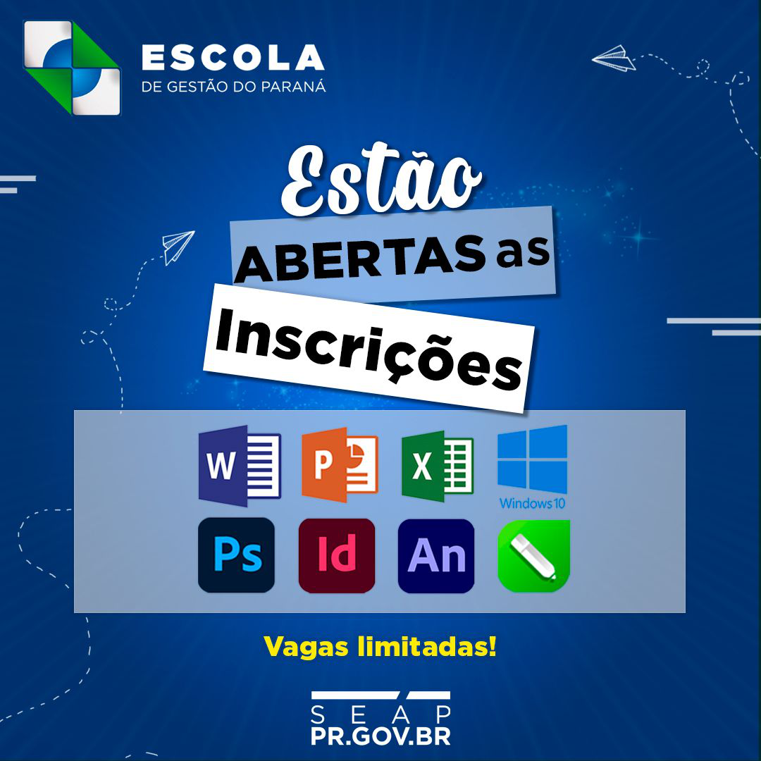 Os cursos são: Word, Excel, PowerPoint, Photoshop, Animate, InDesign, CorelDraw e Windows 10. Todos os cursos serão do básico ao intermediário.