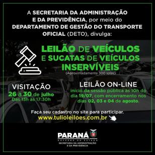 Serão 356 itens distribuídos em 279 lotes, todos no tipo maior lance. Início dos lances será às 10h de segunda-feira, dia 19 de julho. O encerramento do leilão será nos dias 02, 03 e 04 de agosto. Para participar do pregão é exigido cadastro prévio do usuário no site do Leiloeiro Oficial. 