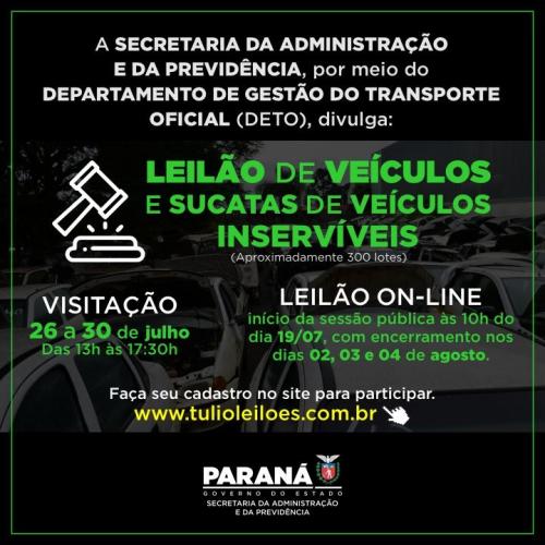 Serão 356 itens distribuídos em 279 lotes, todos no tipo maior lance. Início dos lances será às 10h de segunda-feira, dia 19 de julho. O encerramento do leilão será nos dias 02, 03 e 04 de agosto. Para participar do pregão é exigido cadastro prévio do usuário no site do Leiloeiro Oficial.
