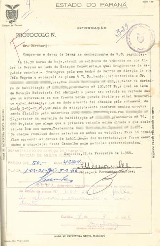 Imagem de um boletim de ocorrência de 1965 com descrição do acidente e protocolo