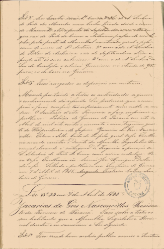 Códice 1034 - Lei Número 33 de 7 de abril de 1855 de Cria o Arquivo Público do Paraná.