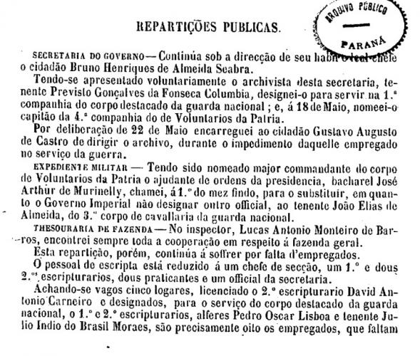Arquivista responsável pela administração do Arquivo Publico em 1865 se voluntaria para servir ao Brasil na Guerra do Paraguai.