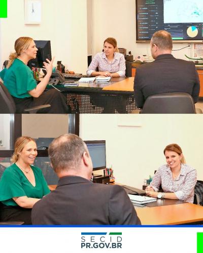 Na foto de verde, está a diretora do Arquivo Público, Kassia Cavalari Basso; ao lado, Rodrigo Sasso, assessor militar do Arquivo Público; e também Camila Mileke Sucato, secretária das Cidades.