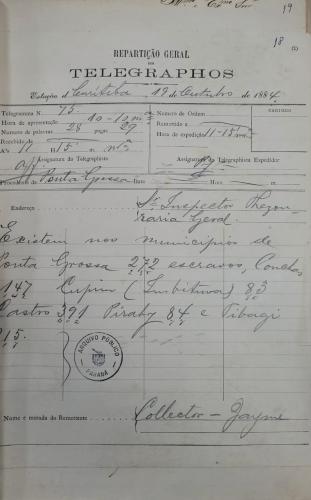 Autor/cargo Jayme Domingues Teixeira, Coletor da Coletoria Geral de Ponta Grossa Notação: AP 0723, Vol. 17, pg 18.