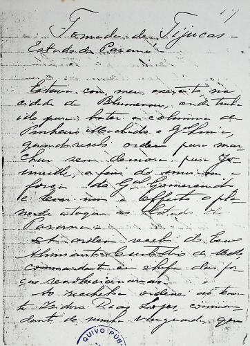 Parte do diário manuscrito do General Laurentino Pinto Filho, que relata a tomada de Tijucas, na região de Ambrosios (atual Tijucas do Sul), com menção à movimentação de tropas, combates e ao comando das forças no local. Apresenta o desenrolar dos registros militares na região.