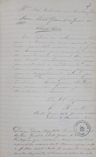 Autor/cargo Tobias de Almeida e Silva, suplicante. Destinatário/cargo José Gonçalves dos Santos Sobrinho, Coletor das Rendas Gerais de Ponta Grossa Ref. Solicita certidão de matrícula de sua escrava Joaquina, herdada pelo inventário de Zacharias Rodrigues Penteado; constam certidões comprovando tal herança. Local Ponta Grossa. Referencia AP 0779, vol. 12, págs. 301 e 304/305