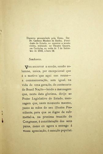 Livro independência da pátria de setembro de 1922 com o discurso de Caetano Munhoz da Rocha PI041 CX11 P06