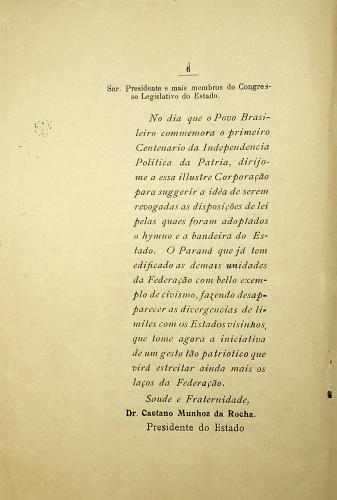Livro independência da pátria de setembro de 1922 com o discurso de Caetano Munhoz da Rocha PI041 CX11 P06