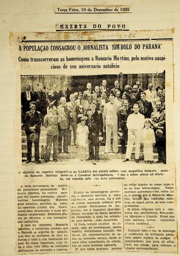 Matéria do jornal Gazeta do Povo sobre a comemoração e as homenagens recebidas por Romário Martins em seu aniversário. PI041 CX13 V2 P1  3