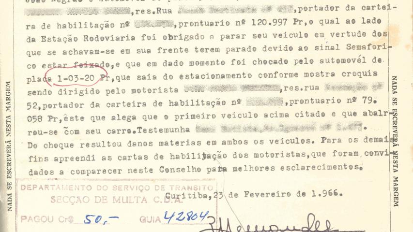 Imagem de um boletim de ocorrência de 1965 com descrição do acidente e protocolo